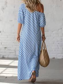 SHEIN Holidaya Spring Summer Blue White Striped One-Shoulder Maxi Dress French Summer Beach Dress - Blue - View 2