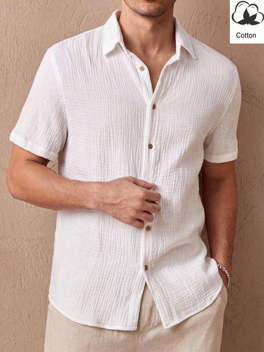 HIMLAND Men's Plus Size Solid Color Short Sleeve Single-Breasted Casual Tropical Commuter Shirt Beach Vacation White Summer - White - View 1