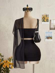 INAWLY Summer New Strapless Ruffled 2 Pieces Set, Suitable For Outings, Commuting, Vacation, And Dates. Strapless Top With Chiffon Cape - Black - View 2
