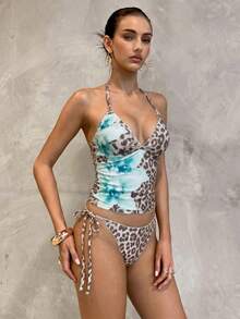 Swim Glamine 夏季甜美花卉奶油黃格紋比基尼背心套裝，休閒春夏度假海灘派對 2 件組 - 薄荷綠 - 查看 9