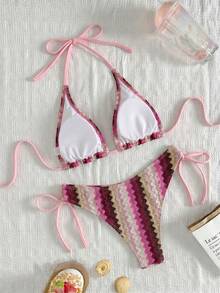 Swim Vcay 女款兩件式泳衣套裝，彩色波浪條紋特殊面料綁帶三角比基尼上衣，極簡優雅休閒度假風 - 彩色 - 查看 2