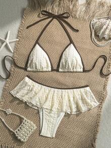 Swim Mod Conjunto de 2 piezas de bikini de unicolor minimalista y sexy con top de bikini triangular de tiras finas tipo halter y braguita de bikini triangular con borde ondulado - Beis - Ver 7