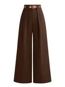 SHEIN Tall CURVE Große Größen TALL Serie Damen minimalistische plissierte gerade geschnittene Hose, geeignet für den Arbeitsweg - Braun - Übersicht 6