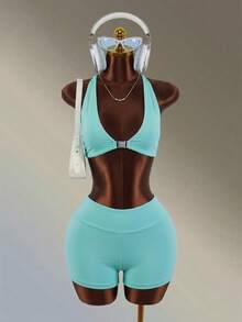 Amplova Ensemble de soutien-gorge de sport et short de couleur unie avec dos croisé pour femmes - Bleu ciel - Voir 6