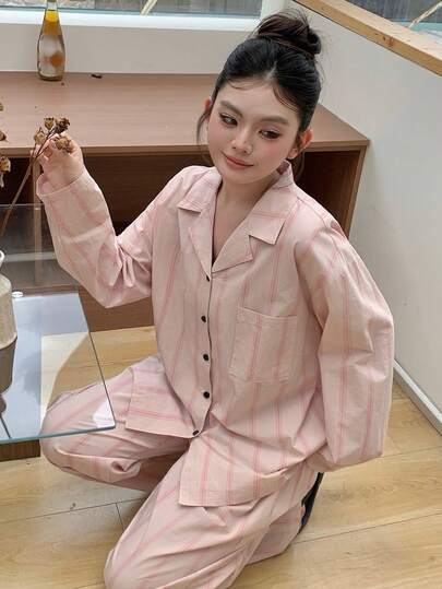 Dazy Plus Striped Colorblock Loose Short Sleeve Top & Long Pants Loungewear Set, Pink, Spring/Summer/Autumn, Plus Size Women's Pajama Set