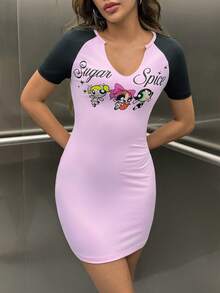 THE POWERPUFF GIRLS X SHEIN Women's Letter Cartoon Print Casual Daily Short Dress - Pink - View 3