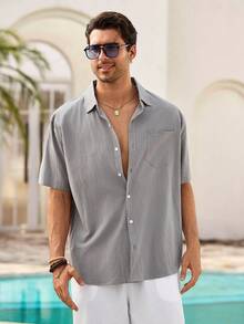 Mercer Haus Hawaiian Style Linen Loose Casual Men's Henley Collar Short Sleeve Shirt - Grey - View 5