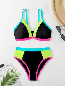 Swim Lushoire 女款拼色拼接泳衣套裝 海灘黑色夏季性感 - 彩色 - 查看 4