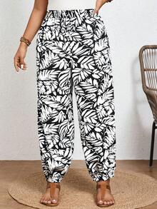 SHEIN Frenchy Celana Panjang Wanita Motif Tropis dengan Simpul di Depan, Model Pinggang Tinggi, Cocok untuk Liburan Musim Panas - Hitam dan Putih - View 2