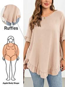 SHEIN Essnce Plus Size Casual Hot Pink Ruffle Blouse Summer Going Out Formal Tops - Apricot - View 2