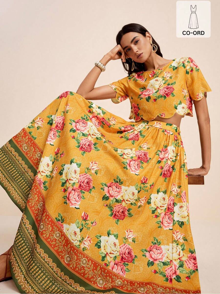 SURIMA Women's Summer Vacation Yellow Floral Print Placement Border Round Neck Ruffle Top And Placement Print Skirt 2-Piece Set Elegant Bohemian Boho Chic - Yellow - View 1