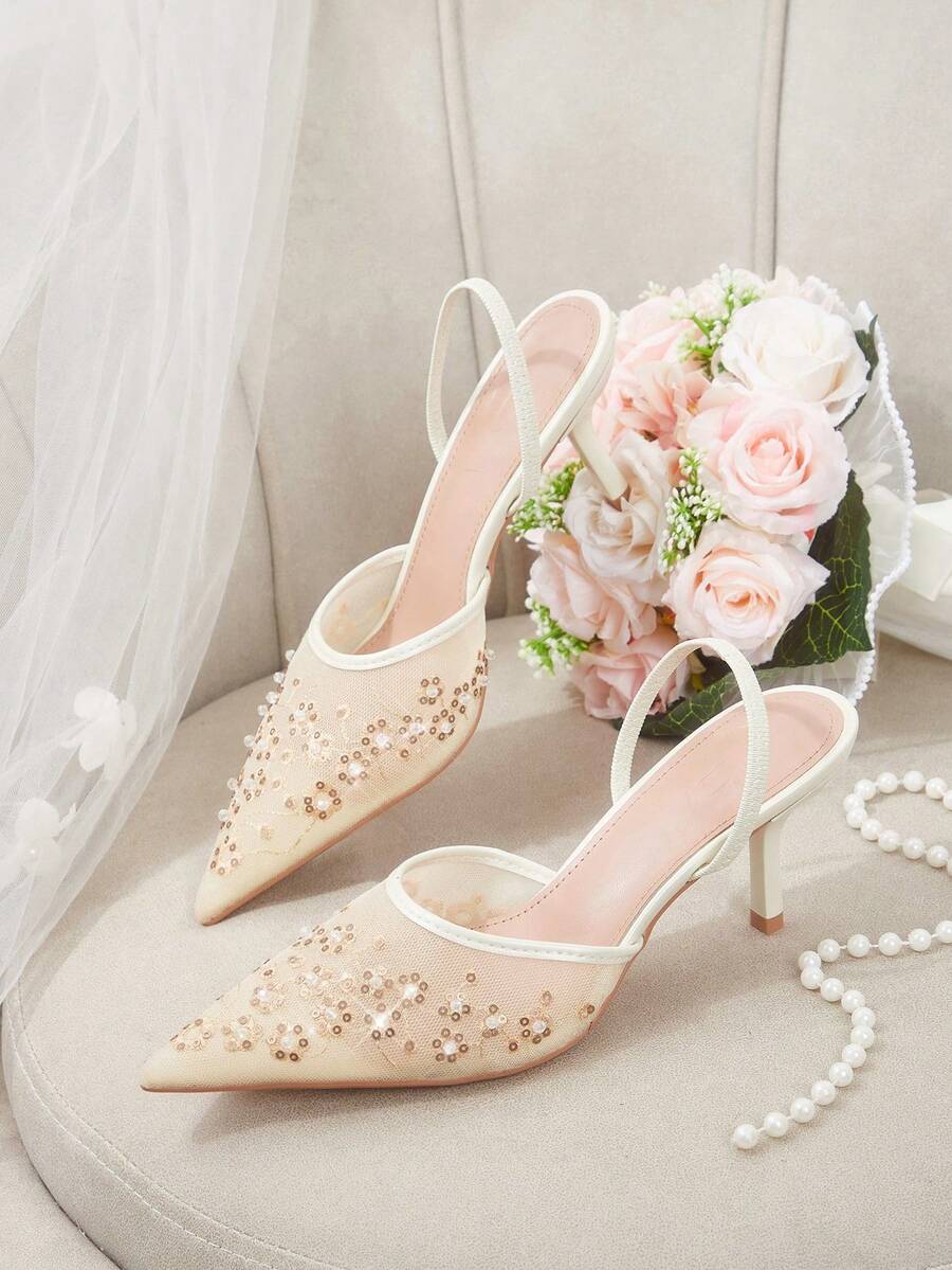 CUCCOO HITCHD Rice Apricot Mesh Embroidered Rhinestone Pointed Back Empty Elastic Thin Back Strap Breathable Bridal Wedding Shoes, Wedding Banquet Dating Fairy - Beige - View 1