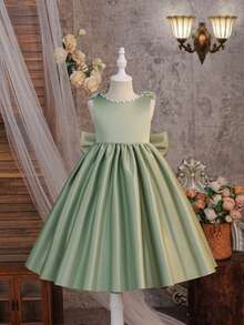 Glamorique Kids 女童白色正式禮服，V領露背設計，3D花朵與大蝴蝶結，無袖緞面大裙擺，優雅生日禮服，簡約婚禮花童裙，派對晚禮服，度假公主裙，舞台表演服裝 - 綠色 - 查看 4