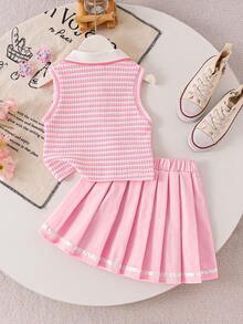 Elladie kids 2件組小女孩學院風甜美夏季條紋無袖POLO領上衣 3D花朵裝飾百褶裙套裝 - 粉色 - 查看 3