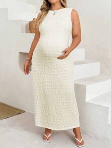 Plussiva Plus Size Solid Color Round Neck Sleeveless Fitted Elegant Maternity Chic Dress Photoshoot Summer Baby Shower Birthday Cream - Apricot - View 4