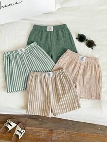 SHEIN 4件組嬰兒男女通用可愛夏季度假百搭條紋鬆緊腰短褲 多色夏季短褲沙灘褲套裝 - 彩色 - 查看 7
