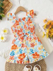 SHEIN Vintaside Kids Girls' Colorful Floral Flutter Sleeve Romper, Children's Floral Bow Romper, Soft And Cute, Versatile For Various Occasions. - Orange - View 1