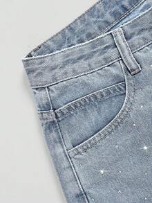 SHEIN Women's Rhinestone Embellished Washed Denim Straight Leg Shorts - Light Wash - View 3