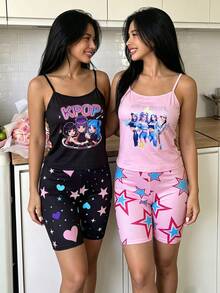 女款英文單字與女團印花細肩帶上衣、星星與愛心印花短褲，4件組貼身居家休閒睡衣套裝，適合夏季居家穿著 - 彩色 - 查看 3