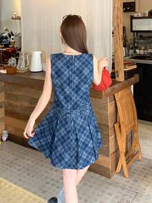 DAZY Women's Round Neck Plaid Sleeveless Korean Style Denim Dress School - Blue - View 2