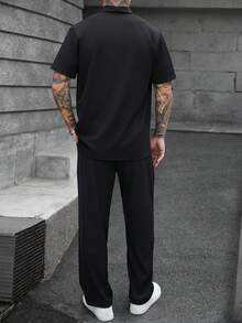 SLATEMANN 男士純色短袖襯衫與長褲休閒日常穿搭 - 黑色 - 查看 2