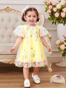 SHEIN Glamorique Kids Prinzessinnenkleid für Baby Mädchen, besticktes Tüllkleid, Geburtstagsfeier, Hochzeits- und Feiertagsrobe, Puffärmel, Partykleidung, Abschlussballkleider, Abschlusskleider, Sommerkleid - Gelb - Übersicht 4