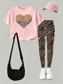(Random 5 Sets, Send 1 Set) Summer Girls' Shining Leopard Pattern Love Bow Cherry Pattern Printed Basic Short T Plus Bottom Pants Set - Multicolor - View 4