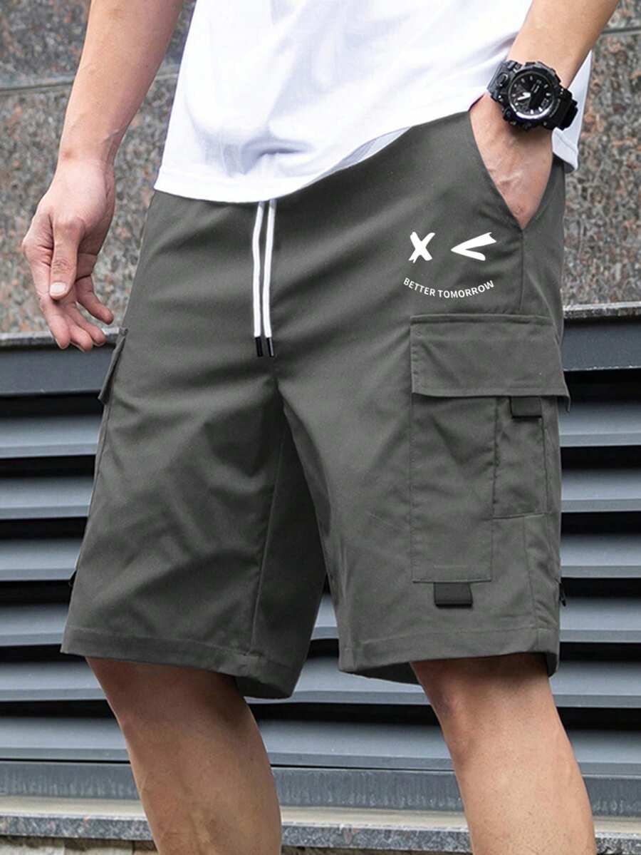Manfinity Homme 男士時尚街頭風抽繩工裝短褲,男士街頭風印花短褲,度假款 - 深灰色 - 查看 1