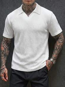 Manfinity Homme Men's Business Casual Solid Color Short Sleeve Polo Shirt - White - View 4