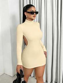 Sirith Light Yellow Rib-Knit Bodycon Mini Dress With Long Sleeves And Stand Collar Semi-Sheer Pencil Hem - Light Yellow - View 3