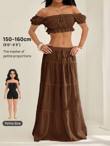 SHEIN PETITE Ruched Cropped Tie-Front Textured Off-Shoulder Top And Casual Skirt Set - Black - View 8