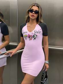 THE POWERPUFF GIRLS X SHEIN Women's Letter Cartoon Print Casual Daily Short Dress - Pink - View 5