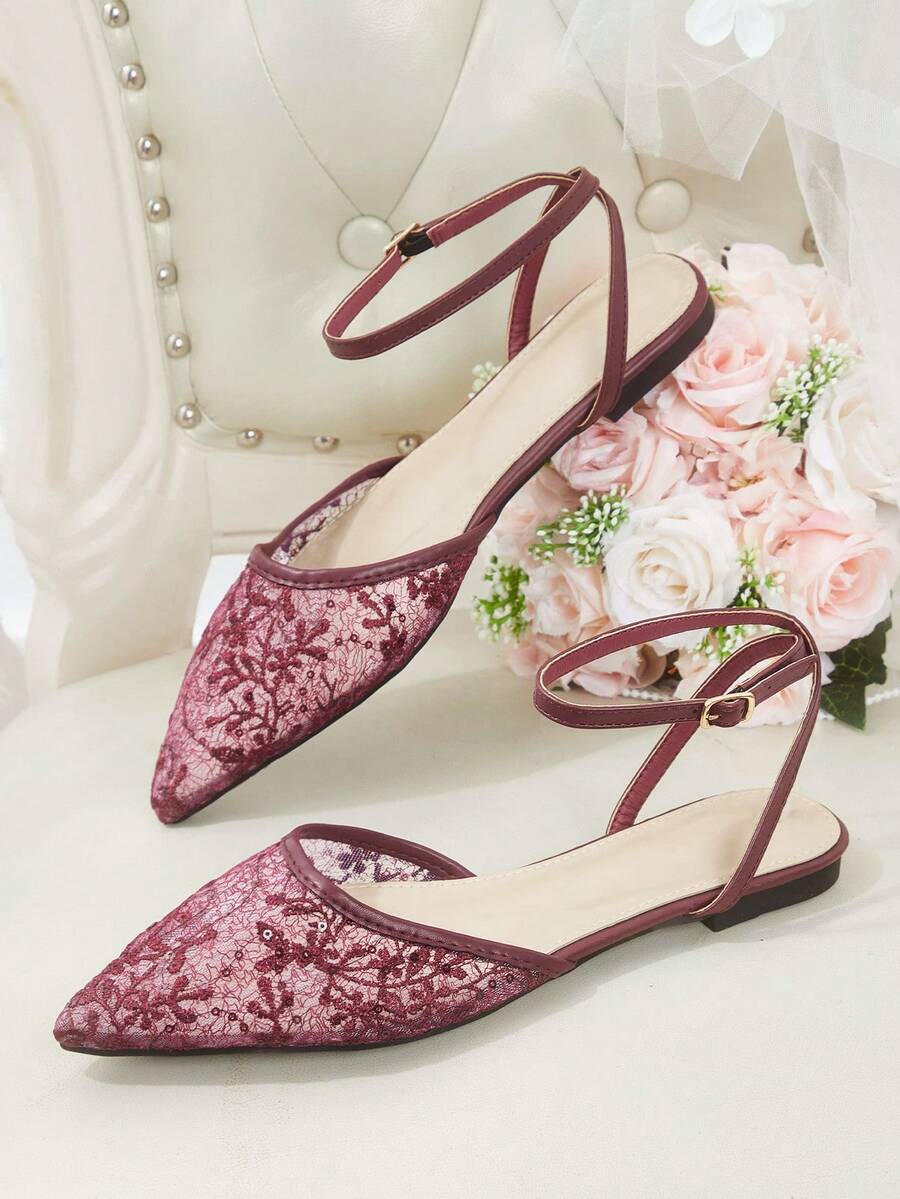CUCCOO HITCHD Women's Mesh Embroidered Flat-Soled Shoes - Burgundy - View 1