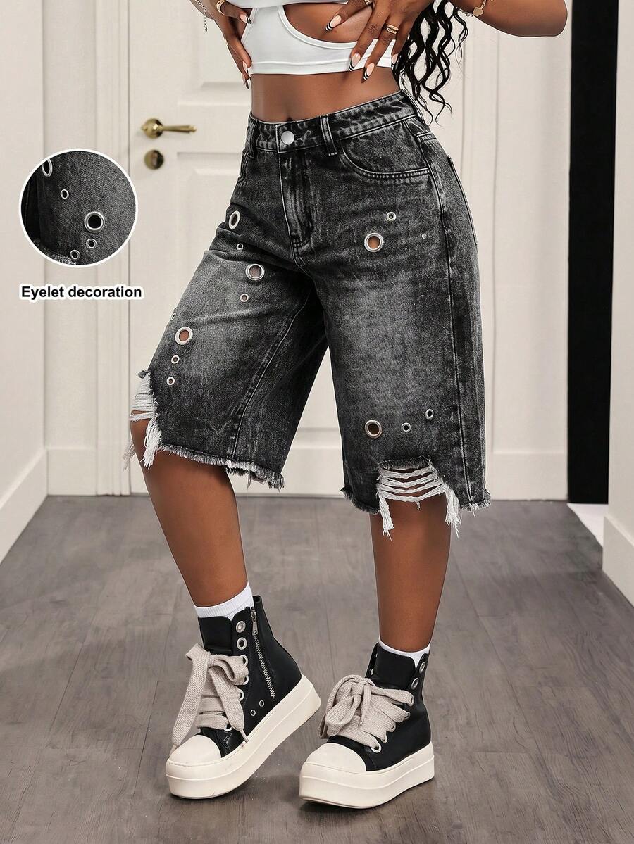 Slaydiva Women's Fashion Hiphop Distressed Pocket Denim Bermuda Shorts Outfits Shiny Pants Summer Festival For Women Beach Black Jeans Y2k