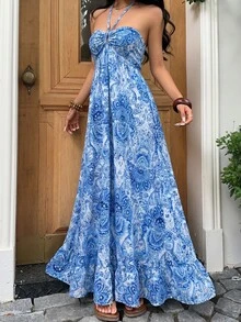 Sunnyshic Women's Elegant Printed Strapless Dress - Medium Wash - View 3