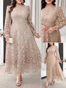 Reflora 大尺碼女款素色圓領休閒派對洋裝 - 卡其色 - 查看 2