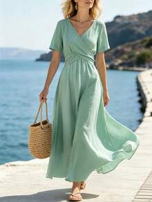 Louniche Women's Casual French Tropical Sage Green Short Sleeve Dress, Featuring Cross Waist Design, Minimalist Style, Elegant, Vacation Summer Brunch - Mint Green - View 7