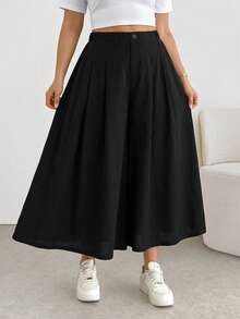SHEIN Tall CURVE Plus Size Women's Solid Color Pocket Casual Wide Leg Cropped Pants Formal Office Brunch Bussines Teacher Black Autumn Teachers' Day - Black - View 3