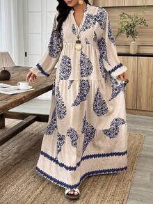 Weeklong Apricot Plus-Size Maxi Dress - Blue Paisley Bohemian Print, Long-Sleeve Multi-Layer Paneled, Women's Spring & Summer Dress - Multicolor - View 1