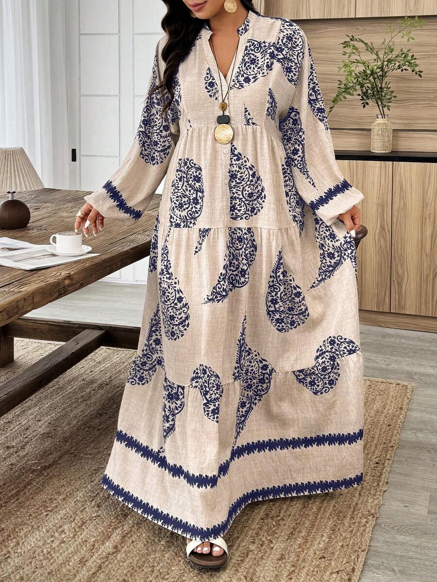 Weeklong Apricot Plus-Size Maxi Dress - Blue Paisley Bohemian Print, Long-Sleeve Multi-Layer Paneled, Women's Spring & Summer Dress - Multicolor - View 1