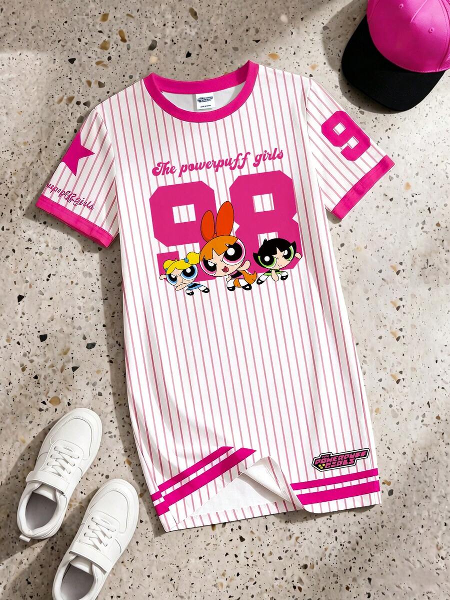 LOONEY TUNES X SHEIN Gaun Kaos Lengan Pendek Leher Bulat Motif Kartun Lucu Kasual untuk Anak Perempuan, Musim Panas - MultiWarna - View 1