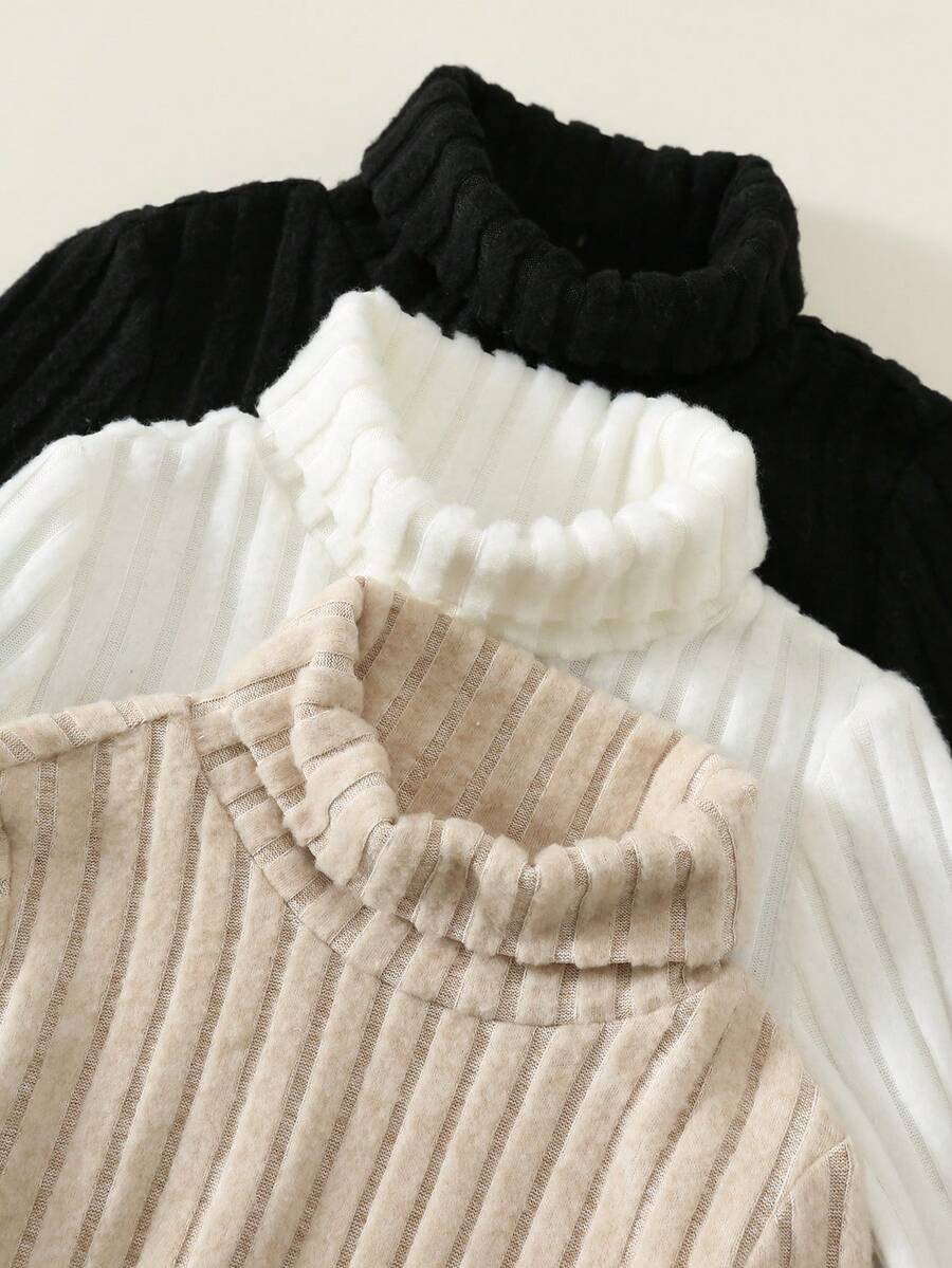 SHEIN 兒童小男孩/小女孩,小男孩 3 件裝秋冬純色高領長袖 T 恤底層針織上衣多件組,小男孩秋冬服飾,上衣 - 彩色 - 查看 1