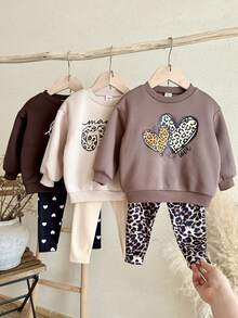 SHEIN Baby Girl 6pcs Knit Solid Color Leopard Print Letter Pattern Crew Neck Sweatshirt & Long Autumn Pants Set, Fleece Lined Thick , Suitable For Winter - Multicolor - View 7
