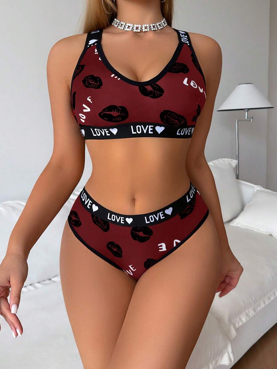 SHEIN 女款字母與唇印內衣與三角內褲休閒日常內衣套裝 - 紅色 - 查看 1