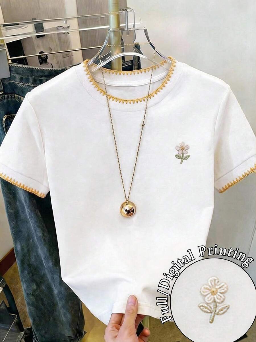 SHEIN Essnce 休閒圓領短袖修身女款T恤,適合夏季穿著 - 白色 - 查看 1