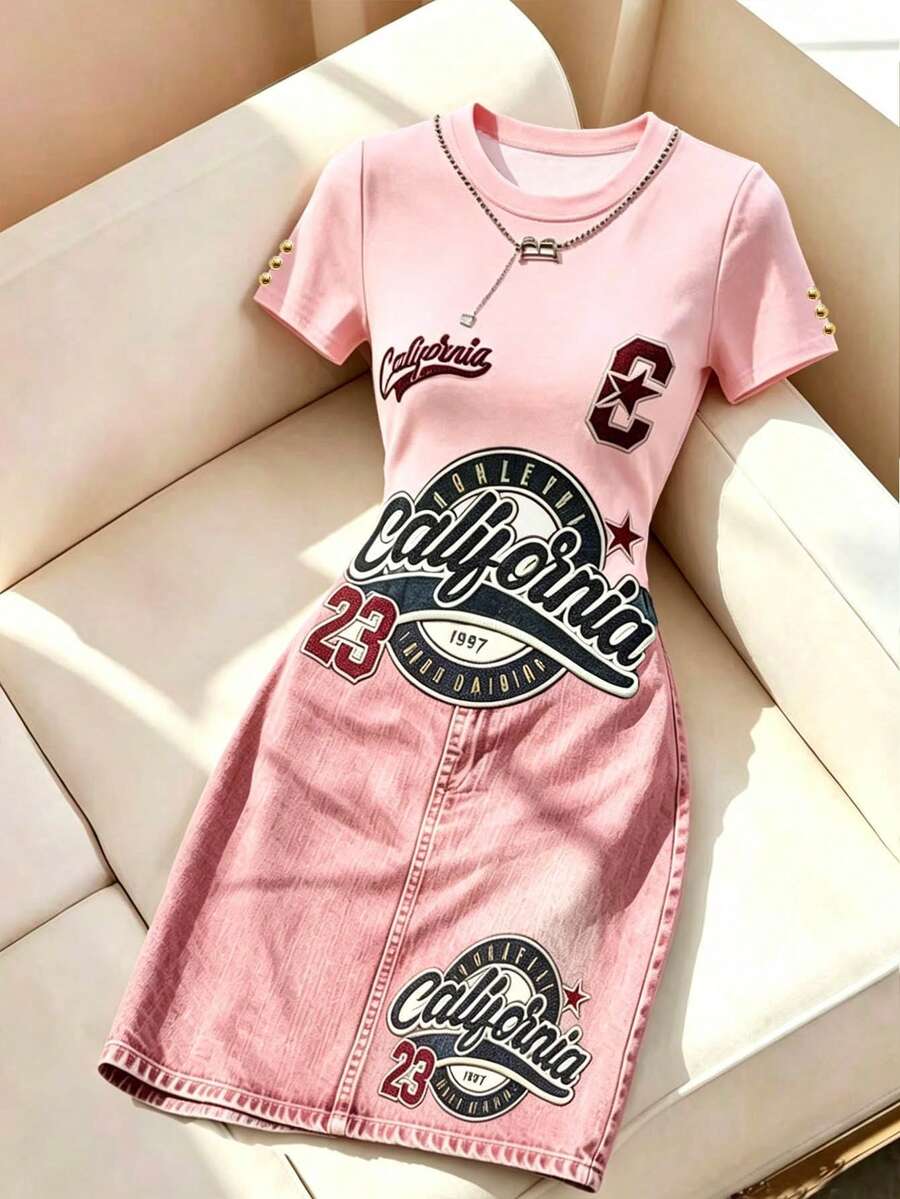 Resyla 女款字母印花圓領休閒極簡短袖迷你洋裝 - 彩色 - 查看 1