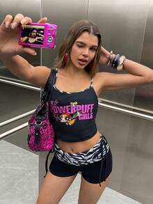 THE POWERPUFF GIRLS X SHEIN Women's Letter Print Cropped Camisole And Casual Zebra Print Shorts 2pcs Set - Black - View 5