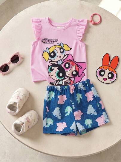 THE POWERPUFF GIRLS X SHEIN Set T-shirt dan Seluar Pendek Kasual Corak Kartun Comel untuk Bayi Perempuan