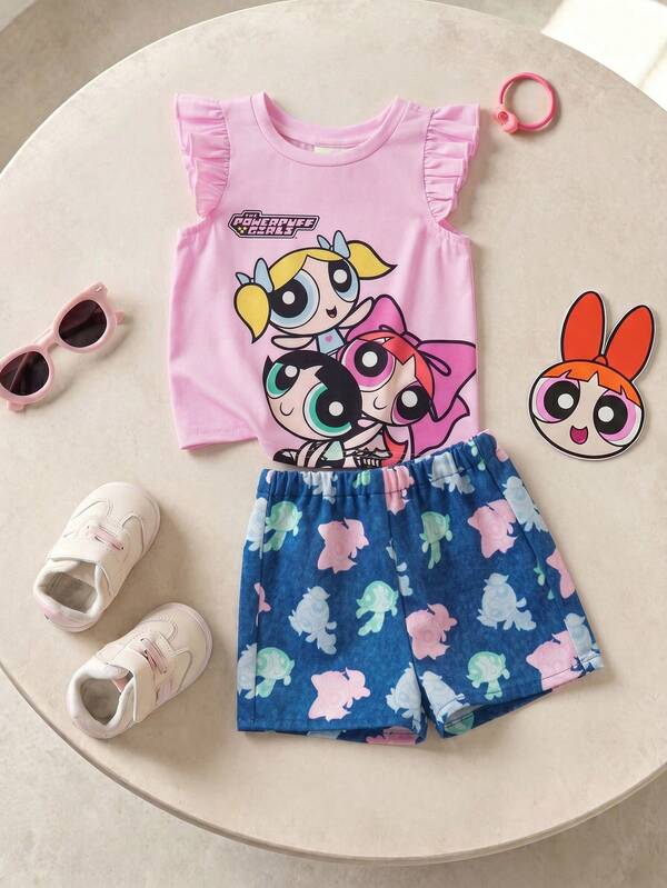 THE POWERPUFF GIRLS X SHEIN 女嬰可愛卡通圖案印花T恤與休閒短褲套裝
