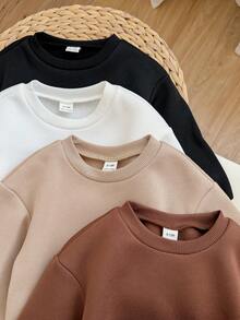 SHEIN 女嬰秋冬可愛百搭純色保暖內裡長袖運動衫 4件套 - 卡其色 - 查看 6